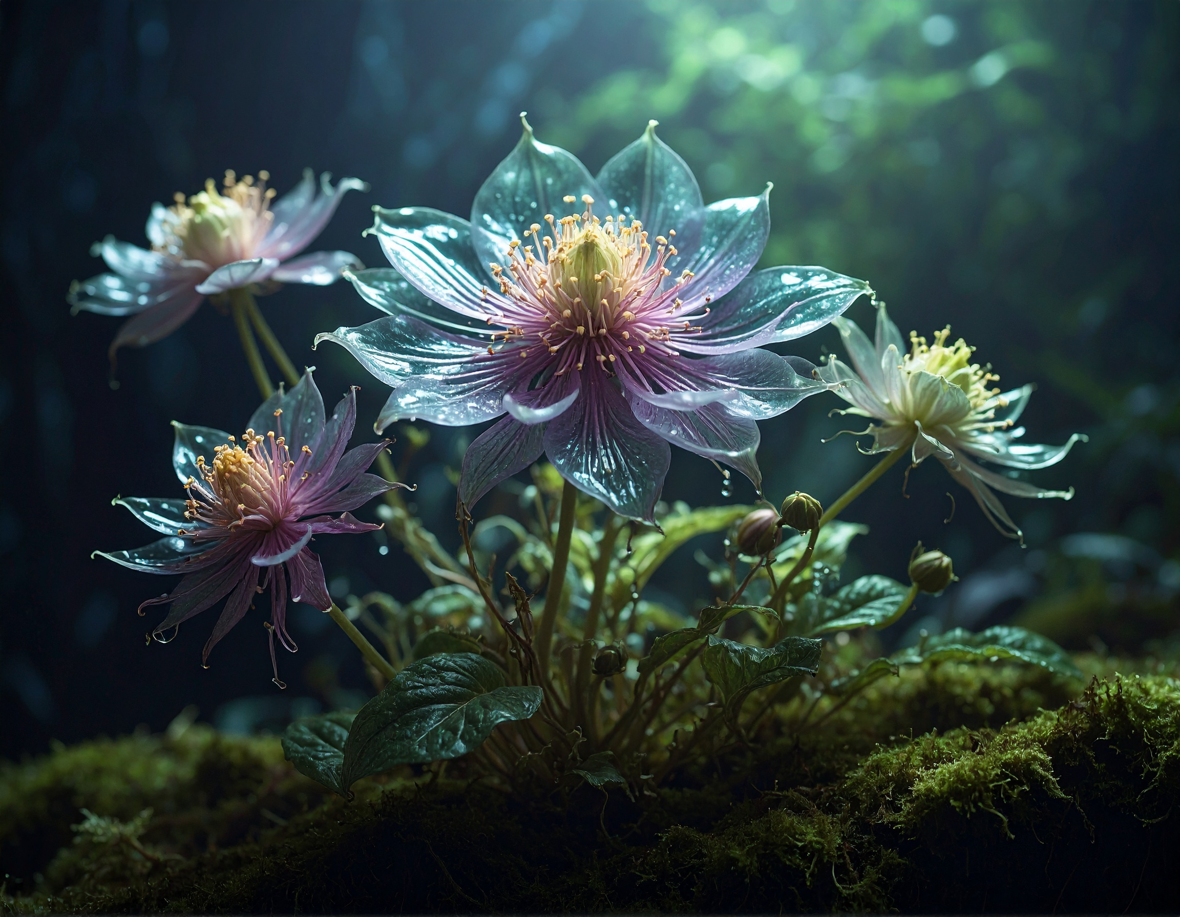 A close-up of an ethereal, AI-crafted botanical scene featuring delicate, otherworldly flowers with translucent petals and glowing stamens, set against a misty, dark green backdrop. The flowers have intricate, almost alien details, blending realism with a touch of fantasy. The lighting is soft and diffused, creating a dreamy, sophisticated vibe that appeals to photographers and creatives.