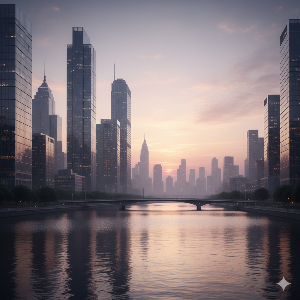 mage generated by Google Gemini 2.5 Pro Image: A serene, futuristic cityscape at dusk with a sleek skyline of glass buildings reflecting a subtle sunset, a calm river, and an elegant bridge. Clean lines and tranquil mood showcase AI’s photorealistic creativity.