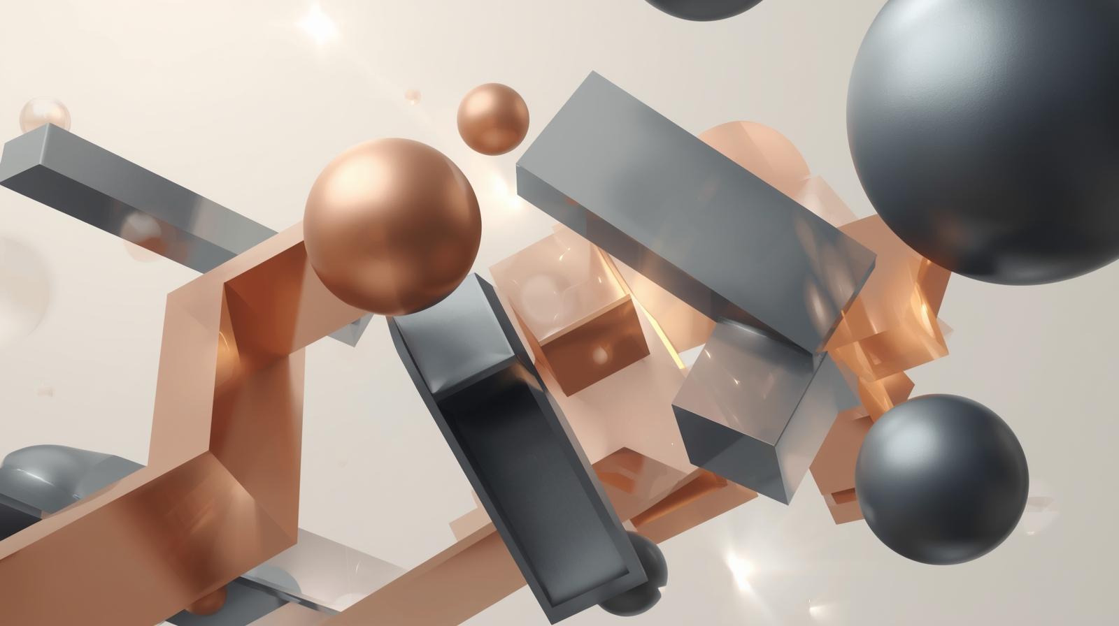 A dynamic yet refined abstract composition featuring interlocking geometric shapes (e.g., spheres, cubes, and prisms) in a 3D space. The shapes are rendered in a palette of muted metallics (bronze, silver, slate blue) with subtle gradients and soft glows, floating against a clean, off-white background. The design feels modern and artistic, suggesting AI’s role in creating visually appealing assets for branding or design.